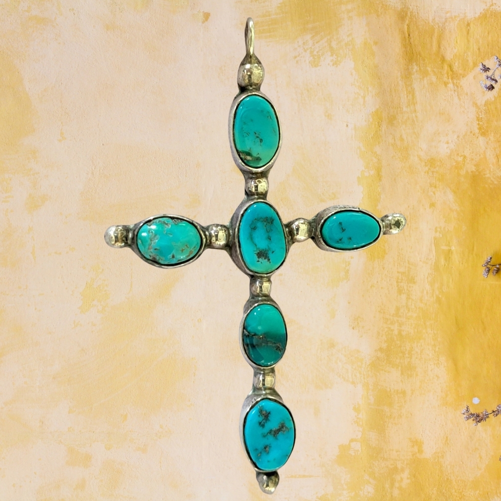 Six Turquoise Stone Sterling Silver Cross